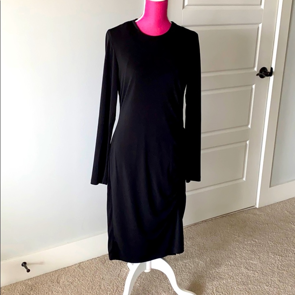 Black Knit Crepe Ruched Long Sleeved Dress